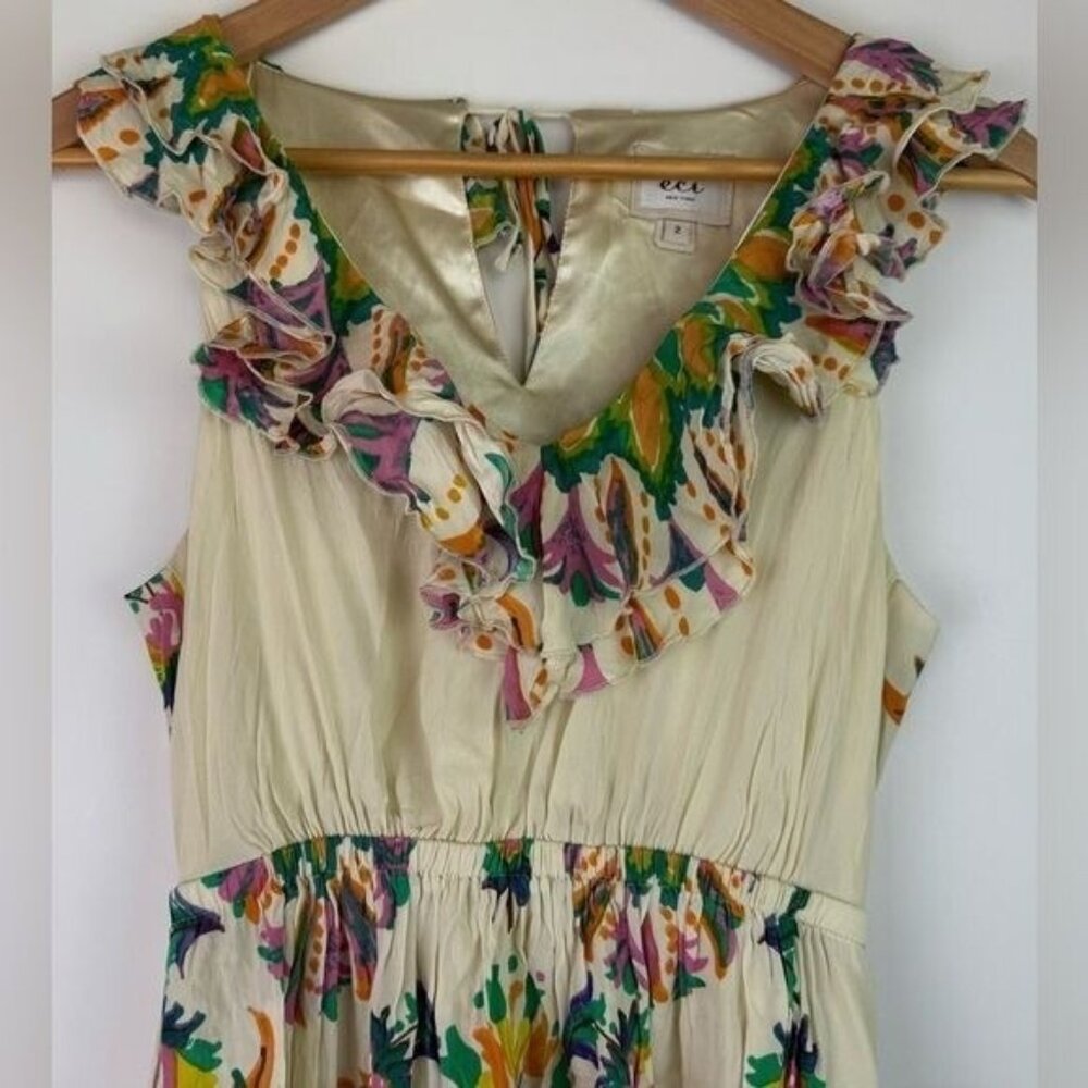 ECI NY Floral Mini Dress Ruffled Neckline Silk Blend Sleeveless Colorful Size 2 - Picture 2 of 11